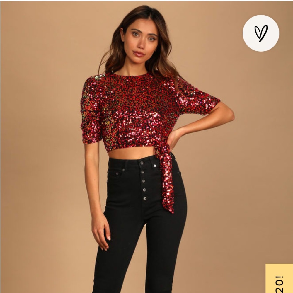Pink red gold sequin lulus crop top.